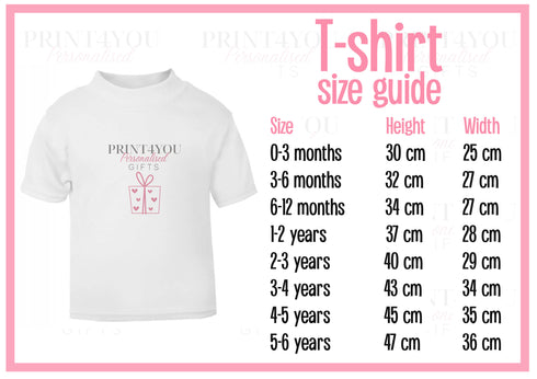 The image is a size guide for a white t-shirt, providing measurements for different age groups.